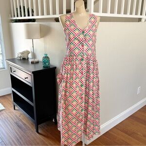Vintage Sleeveless Gingham Midi Dress Cottagecore Farmhouse Rick Rack Trim Sz L